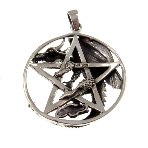Solid 925 Sterling Silver Dragon Clutching the Pentacle Pentagram Pagan Pendant - Picture 8 of 8
